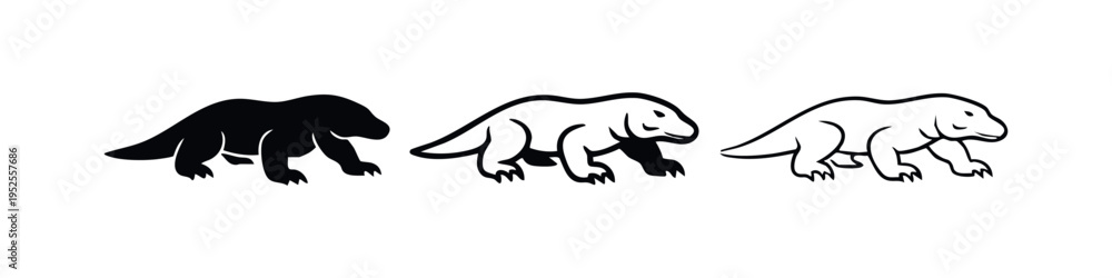 Fototapeta premium Komodo Dragon Lizard Icon Set in Solid and Outline Styles. Wild Animal Vector Illustration.