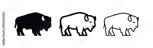 Minimalist American Bison or Buffalo Icon Set in Solid and Outline Styles, Facing Right