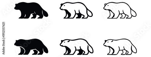 Simple Bear Icon Set with Multiple Styles, Solid and Outline Versions, Side View