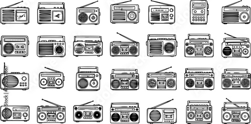 Retro Music and Communication Technology: Hand-drawn Black  White Line Art Vector Collection of Vintage Radios, Boomboxes, and Cassette Players