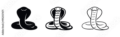 Venomous Cobra Snake Icon Set. Wild Reptile Silhouette and Outline Vector Illustration.