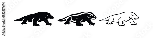 Komodo Dragon Icon Set in Solid, Outline, and Line Styles. Giant Lizard Vector Illustration.