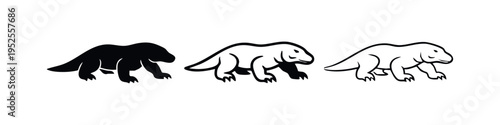 Komodo Dragon Lizard Icon Set in Solid and Outline Styles. Wild Animal Vector Illustration.
