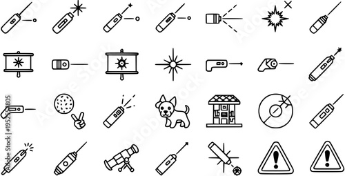 Laser Technology and Safety Line Art Icons. Black and White Outline Symbols for Pointers, Warnings, Presentations, and Educational Use.
