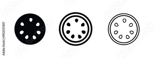 Round cookie or sliced food icon set with seeds. Dessert or snack illustration in various styles.