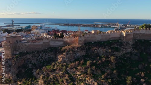 Stunning aerial footage revealing the Alcazaba of Almeria, a medieval Moorish fortress overlooking the city and the Mediterranean Sea