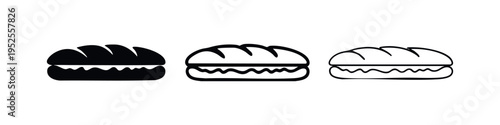 Sandwich or hot dog bun icon set. Bakery food illustration in solid, glyph, and line styles.