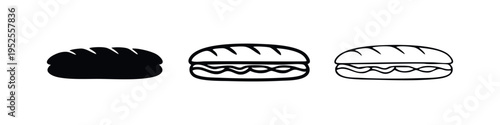 Rounded sandwich or burger bun icon set. Bakery staple illustration in solid, glyph, and line styles.