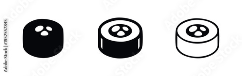 Sushi roll or rice snack icon set with three dots. Asian food illustration in solid, glyph, and line styles.