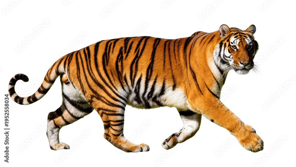 Obraz premium Isolated powerful Bengal tiger walking with majestic stride, a wild big cat predator