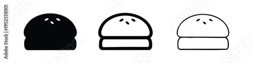Hamburger Bun Top Icons Set - Solid, Outlined, and Thin Line Styles for Fast Food Design Elements
