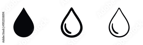 Water Droplet Icons Set - Teardrop Liquid Symbols with Internal Highlight in Solid and Outline Styles