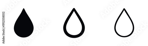 Simple Water Droplet Icons Set - Teardrop Liquid Symbols in Solid, Outlined, and Thin Line Styles