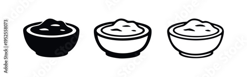 Bowl with food icon set. Mashed potatoes or ice cream in a dish simple vector glyphs for menu design.
