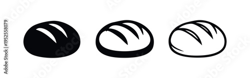 Loaf of bread icon set in three styles. Fresh baked bread simple glyphs for bakery, food, or breakfast.