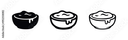 Dripping sauce or syrup in a bowl icon set. Food dipping bowl simple vector glyphs for condiments or desserts.