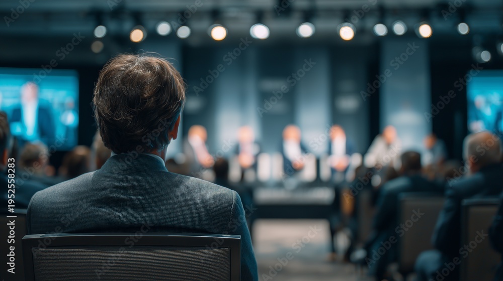 Fototapeta premium Business event takes place in conference hall with speakers discussing topics in front of an audience
