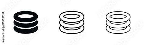Stacked Circular Shapes Icon Set. Minimalist vector illustration of abstract ring elements in glyph, filled outline, and outline styles.