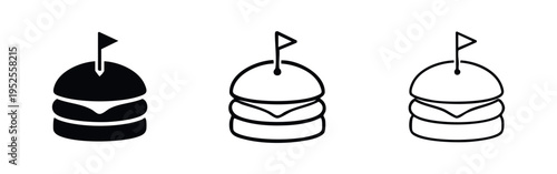 Burger with Flag Pick Icon Set. Vector illustration of fast food meal in glyph, filled outline, and outline styles.