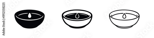 Candle in Bowl Icon Set. Minimalist vector illustration of an abstract flame or liquid in a dish, in glyph, filled outline, and outline styles.
