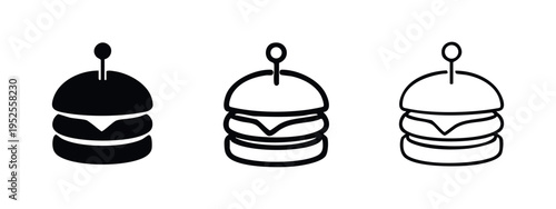 Classic Burger Icon Set with Skewer. Vector illustration of fast food meal in glyph, filled outline, and outline styles.