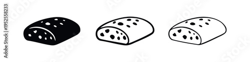 Bread Loaf Icon Set. Vector illustration of rustic bakery food with holes in glyph, filled outline, and outline styles.