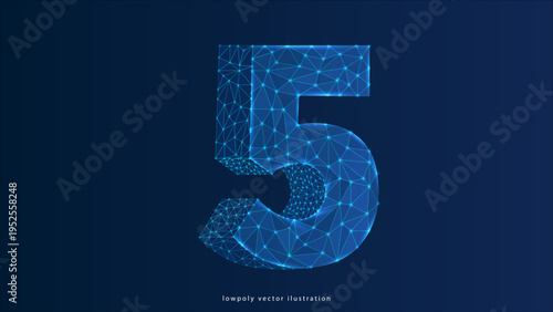 Abstract image of a number five in the form of a starry sky or space, consisting of points, lines, and shapes in the form of planets, stars and the universe. Vector digit 5 wireframe concept.
