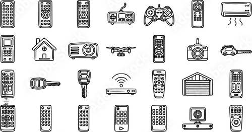 Technology Remote Control and Smart Home Digital Devices Black and White Line Art Icons Collection