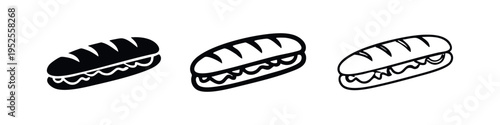 Submarine Sandwich Icon Set: Black and White Solid, Outline, and Thin Line Vector Symbols for Deli and Fast Food