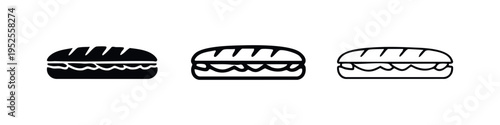 Hamburger or Burger Icon Set: Black and White Solid, Outline, and Thin Line Vector Symbols for Fast Food and Meals