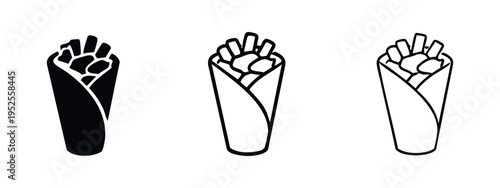 Shawarma wrap with fries icon set. Kebab sandwich vector symbols for fast food and street food menu design