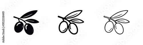 Olive branch with two olives icon set. Healthy organic ingredient vector symbols for food and nature concepts
