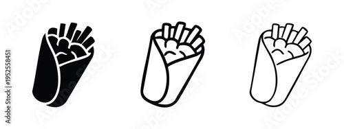 Shawarma wrap with french fries icon set. Kebab sandwich vector symbols for restaurant menus and delivery apps