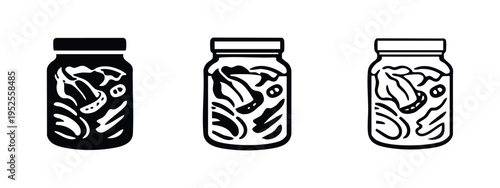 Pickled Vegetables in Jar Icon Set. Kimchi Fermented Food Black Glyph and Outline Vector Illustration.
