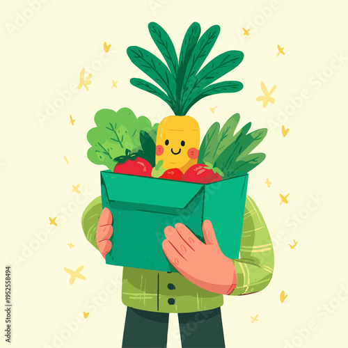 Minimalist Illustration of Sustainable Packaging Holding Fresh Produce