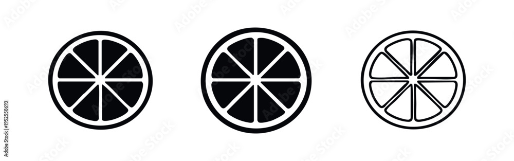 Obraz premium Citrus fruit slice icons set. Lemon or lime cross-section symbol. Fresh ingredient vector illustration in solid, outline, and thin line style.
