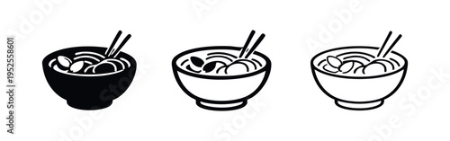 Asian Noodle Soup Bowl Icon Set with Chopsticks and Dumplings, Traditional Food Vector