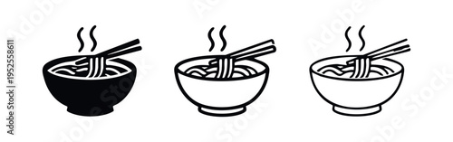 Steaming Noodle Bowl Icon Set with Chopsticks, Hot Asian Soup Vector Symbol