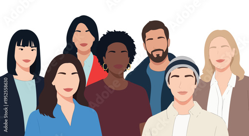 A diverse group of seven individuals with different appearances and backgrounds stands together, symbolizing community and inclusion.