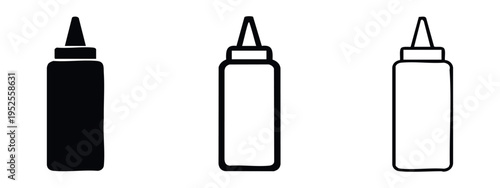 Condiment squeeze bottle icon set. Fast food sauce dispenser symbols for mustard, ketchup, or other dressings.