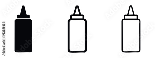 Squeeze bottle icon set for condiments. Ketchup or mustard dispenser symbols in solid, bold, and thin outline styles.