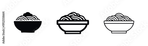 Asian noodles in a bowl icon set. Ramen soup dish symbols for restaurant menus, fast food, or cooking themes.