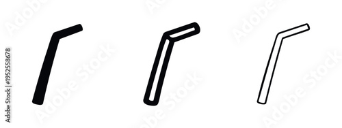 Bent drinking straw vector icons set. Plastic or reusable straw symbol. Beverage accessory illustrations in solid, outline, and thin line art.