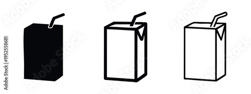 Juice box with straw icons set. Milk or juice carton box symbol. Drink package vector illustration in solid, outline, and thin line style.