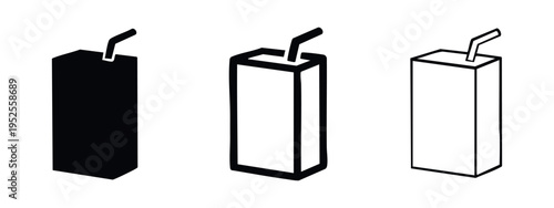 Juice or milk carton with straw icons set. Beverage box symbol. Drink package vector illustrations in different line weights and solid fill.