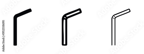 Drinking straw icons set. Bendable plastic or paper straw symbol. Beverage accessory vector illustration in solid, outline, and thin line style.