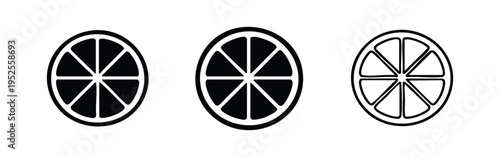 Citrus fruit slice icons set. Lemon or lime cross-section symbol. Fresh ingredient vector illustration in solid, outline, and thin line style.