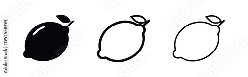 Whole lemon fruit vector icons set with leaf. Fresh citrus symbol for food and drink. Solid, outline, and thin line illustrations.