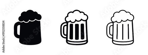Beer mug icon set. Glass of frothy beer symbol in various styles. Brewery and pub concept.