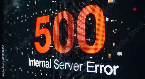 Internal server error 500 message displayed on digital LED screen indicating technical failure and system crash within complex network infrastructure and software glitch malfunction background